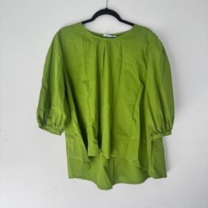Bryn Walker Organic Cotton Top Women's Size L Green Puff Sleeve